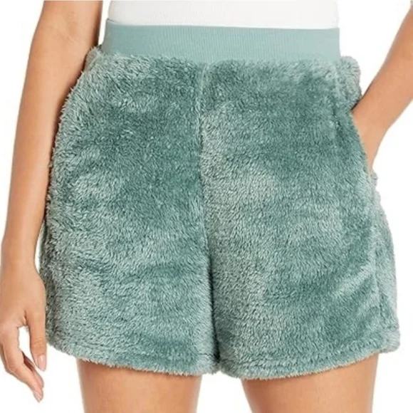UGG Teddy Sherpa Shorts Teal Green Blue Comfy Cozy Loungewear Oversized S - Picture 1 of 2